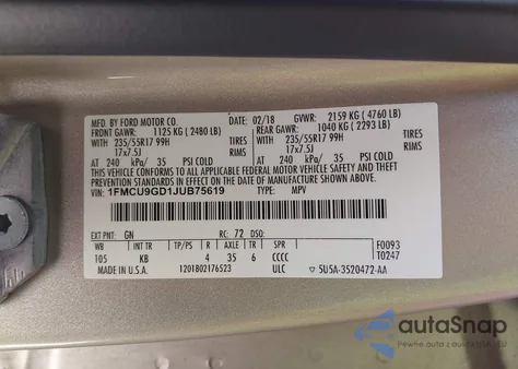 2018 Ford Escape Se from USA, damaged, VIN 1FMCU9GD1JUB75619